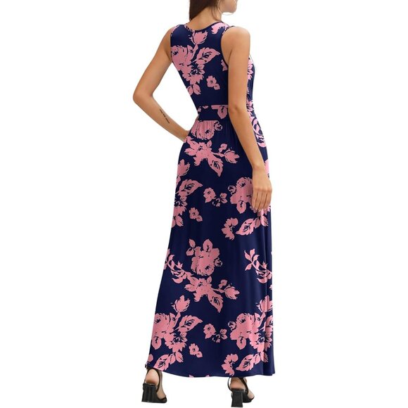 WomenNavy Blue Rose Deep V Neck Sleeveless Loose Plain Casual Long Maxi Dress - Picture 5 of 5